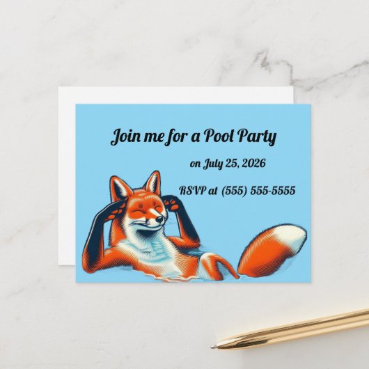 Chill Red Fox in a Pool Party RSVP Briefkaart (Voorkant / Achterkant in situ)