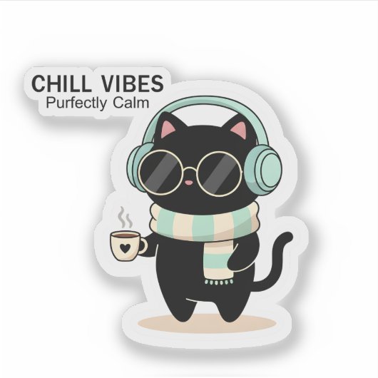 Chill Vibes Cat Sticker – Cute Black Cat with Head (Voorkant)