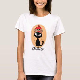 CHILLAXIN' Zwarte Cartoon Kat Met Sock Monkey Hoed T-shirt