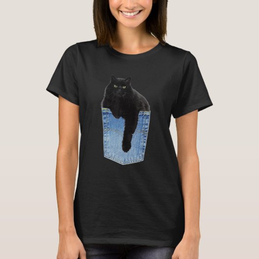 Chillin Black Cat in Denim Jean Pocket Pet T-shirt (Voorkant)