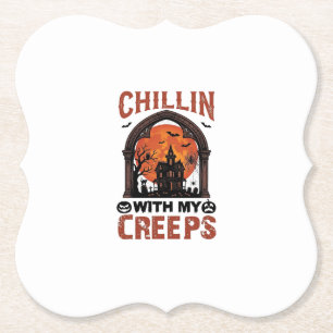 Chillin Creeps Halloween Spokenhuis Oranje Maan Kartonnen Onderzetters