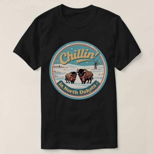 Chillin’ in North Dakota_ Retro Bison & Prairie T-shirt (Design voorkant)