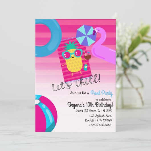 Chillin' Pineapple Summer Birthday Zwembad Party Kaart (Staand voorkant)