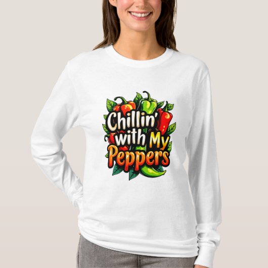 Chillin' with My Peppers - Kleurrijke Chili Graphi T-shirt (Voorkant)