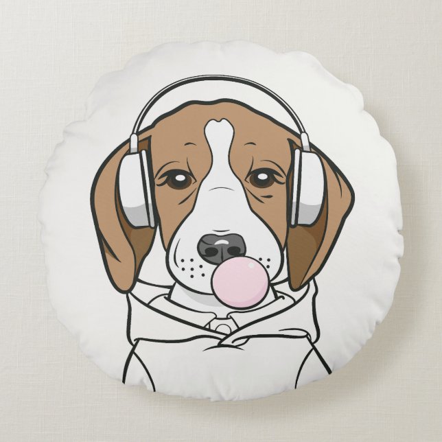Chilling Beagle met Bubblegum Schattige Funny Dog Rond Kussen (Voorkant)