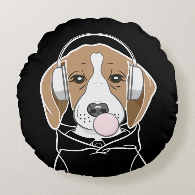 Chilling Dog met Bubblegum Schattige Funny Beagle Rond Kussen (Voorkant)