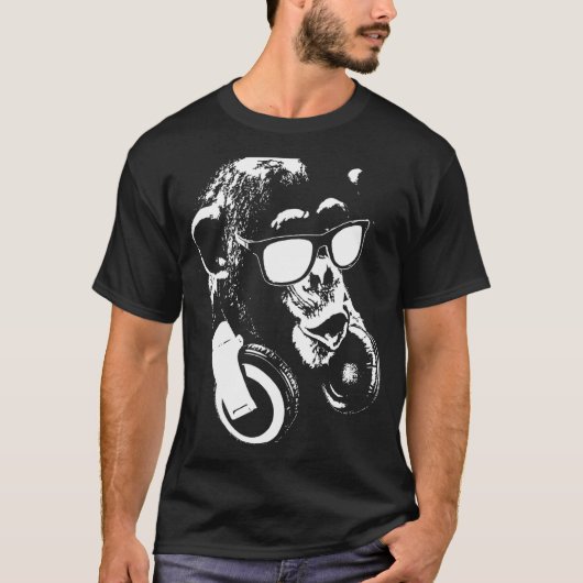 Chimp-aap met hoofdtelefoon en zonnebrillen t-shirt (Voorkant)