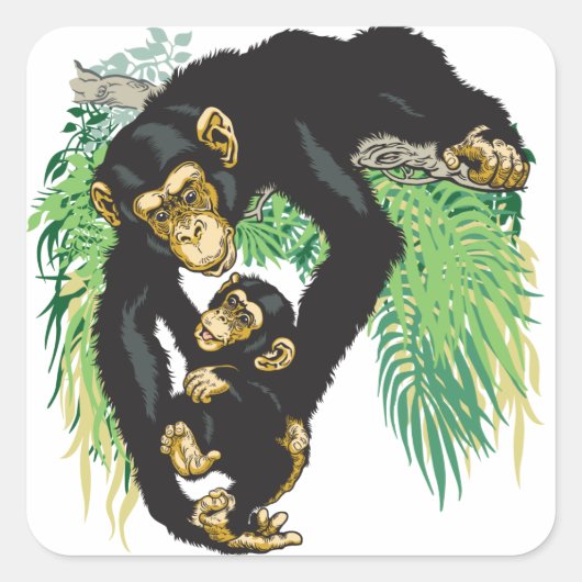 chimp met baby vierkante sticker (Voorkant)