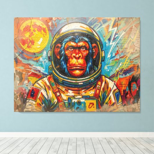 CHIMPANSEE-ASTRONAUT KOMT HUIS-2 CANVAS AFDRUK (Insitu (Houten vloer))