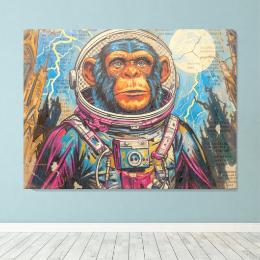 CHIMPANSEE-ASTRONAUT KOMT THUIS-5 CANVAS AFDRUK (Insitu (Houten vloer))