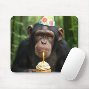 Chimpansee houdt verjaardagscupcake vast muismat