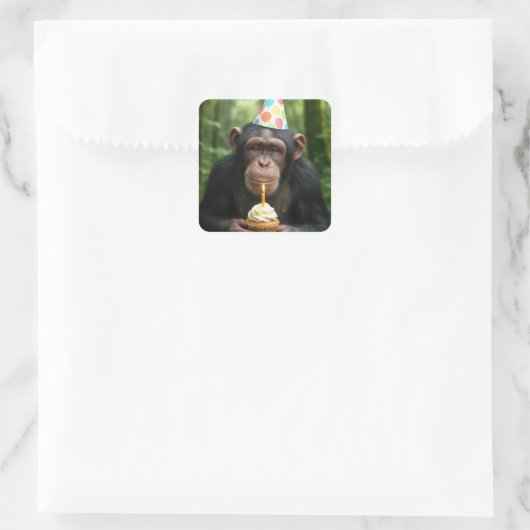 Chimpansee houdt verjaardagscupcake vast vierkante sticker (Tas)