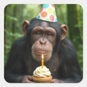 Chimpansee houdt verjaardagscupcake vast vierkante sticker