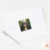 Chimpansee houdt verjaardagscupcake vast vierkante sticker (Envelop)
