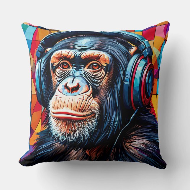 🐒 Chimpansee Koptelefoon Chillen Modern Thuis 🖤 Kussen (Voorkant)