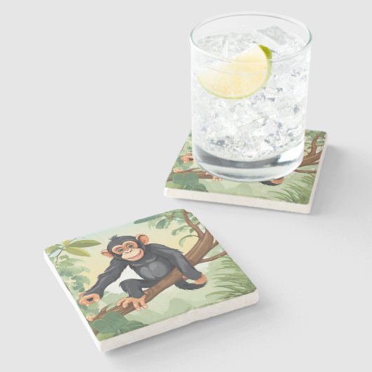 Chimpansee met haar schattige staart op de tak beg stenen onderzetter (Zijkant)