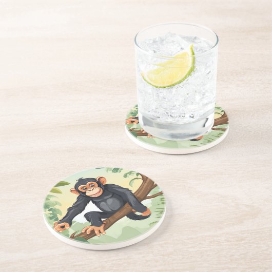 Chimpansee met haar schattige staart op de tak beg zandsteen onderzetter (Zijkant)