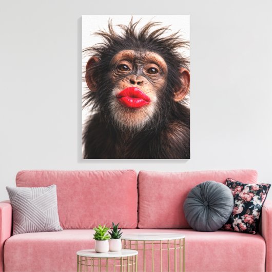 Chimpansee met rode lippenstift canvas afdruk (Insitu (Woonkamer))