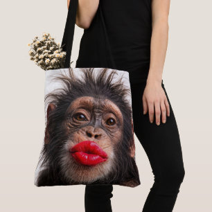 Chimpansee met rode lippenstift tote bag