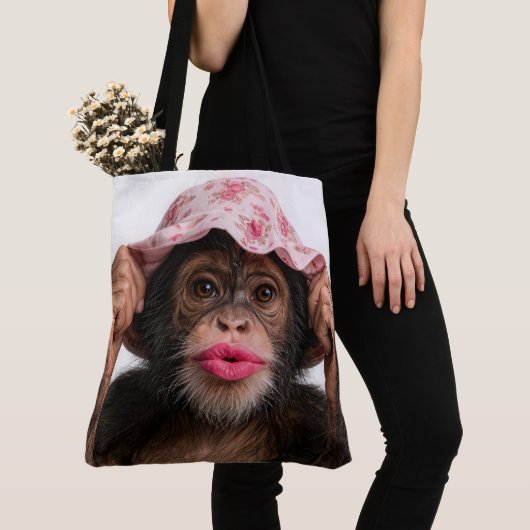Chimpansee met roze lippenstift tote bag (Dichtbij)