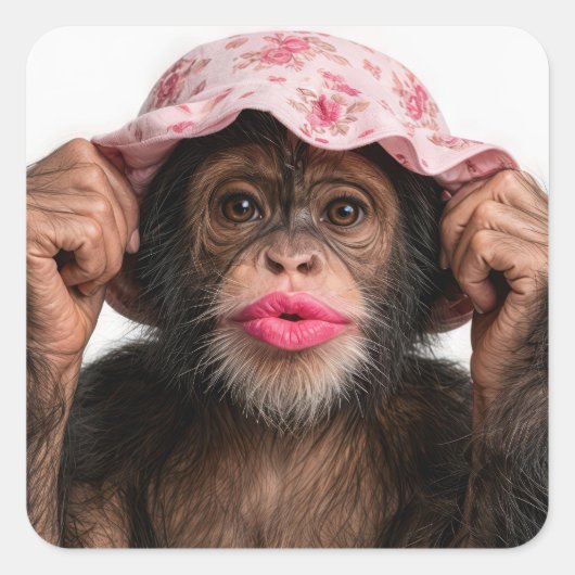 Chimpansee met roze lippenstift vierkante sticker (Voorkant)