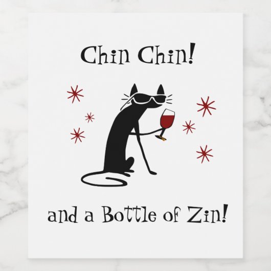 Chin Chin en een fles Zin Funny Wine Cat Wijn Etiket (Enkel label)