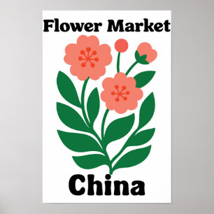 China Bloemenmarkt Koraal Pioen en Groene Blad Poster