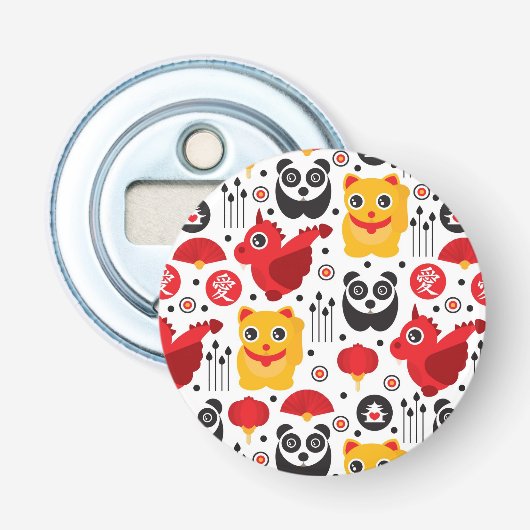 China boft kat, draak en panda button flesopener (Voorkant)