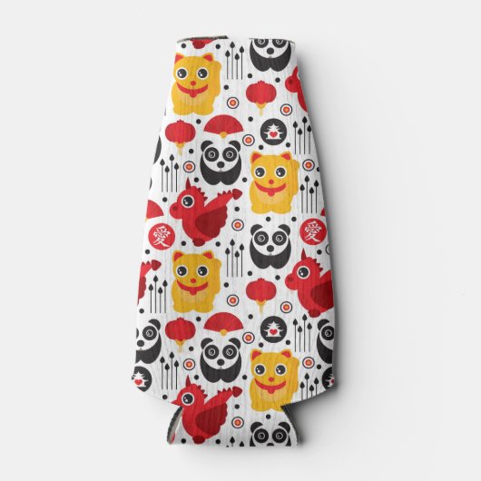 China boft kat, draak en panda flesjeskoeler (Voorkant)