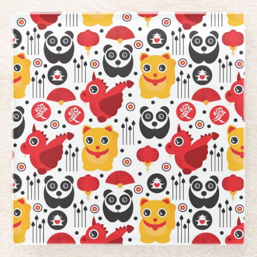 China boft kat, draak en panda glazen onderzetter (Voorkant)