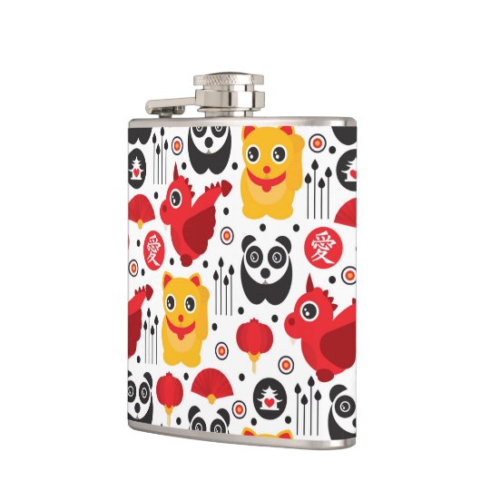 China boft kat, draak en panda heupfles (Links)