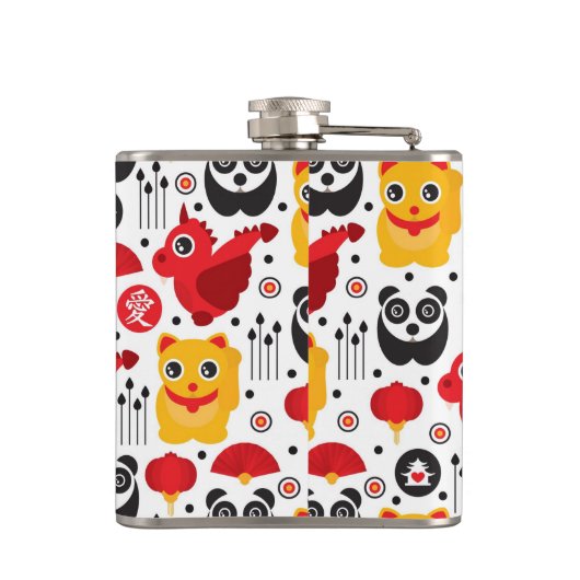 China boft kat, draak en panda heupfles (Achterkant)