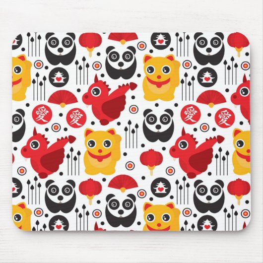 China boft kat, draak en panda muismat (Voorkant)