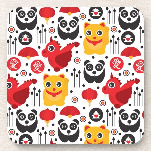 China boft kat, draak en panda onderzetter (Voorkant)