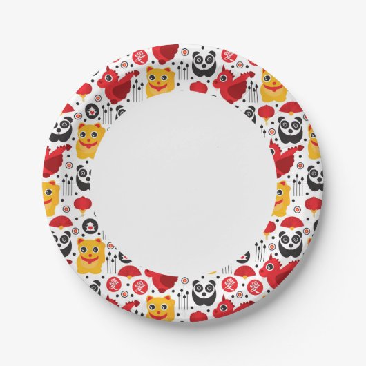 China boft kat, draak en panda papieren bordje (Voorkant)