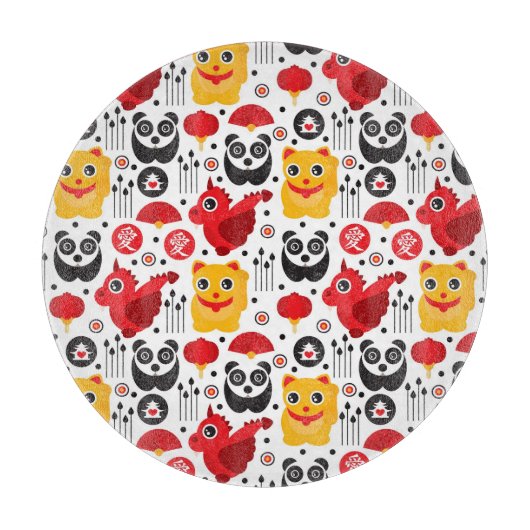 China boft kat, draak en panda snijplank (Voorkant)