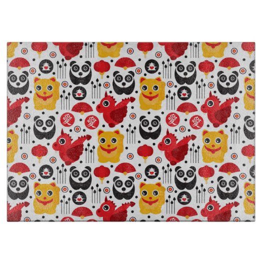 China boft kat, draak en panda snijplank (Voorkant)