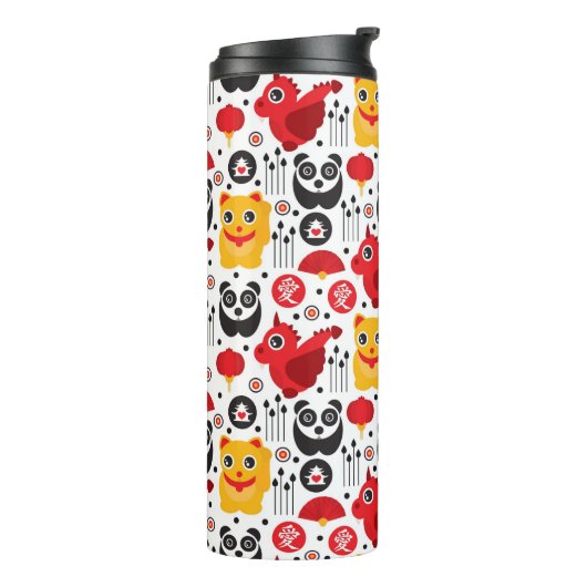 China boft kat, draak en panda thermosbeker (Gedraaid links)