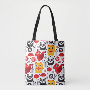 China boft kat, draak en panda tote bag