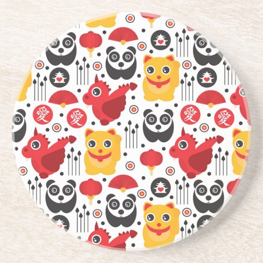 China boft kat, draak en panda zandsteen onderzetter (Voorkant)