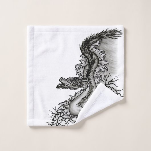 China Dragon, Black and White Design in Tattoostyl Bad Handdoek (Wasdoekje)