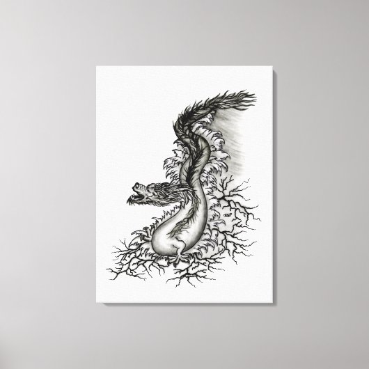 China Dragon, Black and White Design in Tattoostyl Canvas Afdruk (Voorkant)