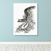 China Dragon, Black and White Design in Tattoostyl Canvas Afdruk (Insitu (Houten vloer))
