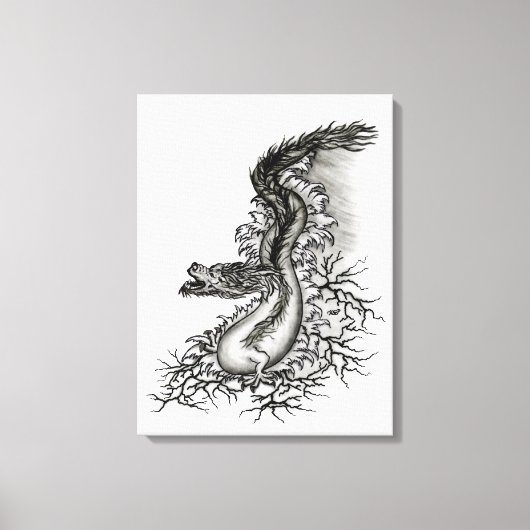 China Dragon, Black and White Design in Tattoostyl Canvas Afdruk (Voorkant)
