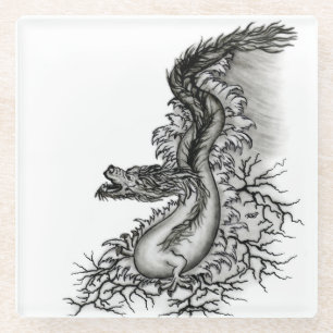 China Dragon, Black and White Design in Tattoostyl Glazen Onderzetter