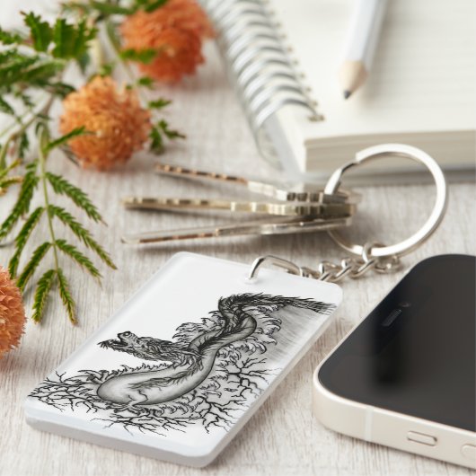 China Dragon, Black and White Design in Tattoostyl Sleutelhanger (Voorkant Rechts)
