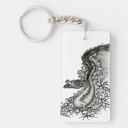 China Dragon, Black and White Design in Tattoostyl Sleutelhanger (Voorkant)
