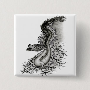 China Dragon, Black and White Design in Tattoostyl Vierkante Button 5,1 Cm