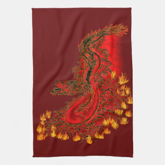China Dragon red and gold design Theedoek (Verticaal)