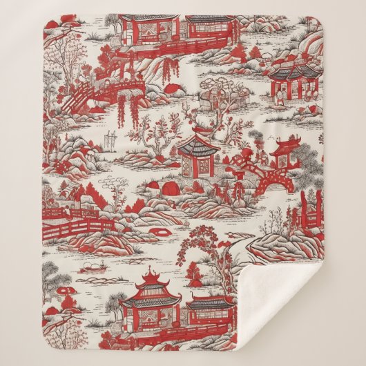 China Garden Tee House Chinoiserie - Red and White Sherpa Deken (Voorkant)